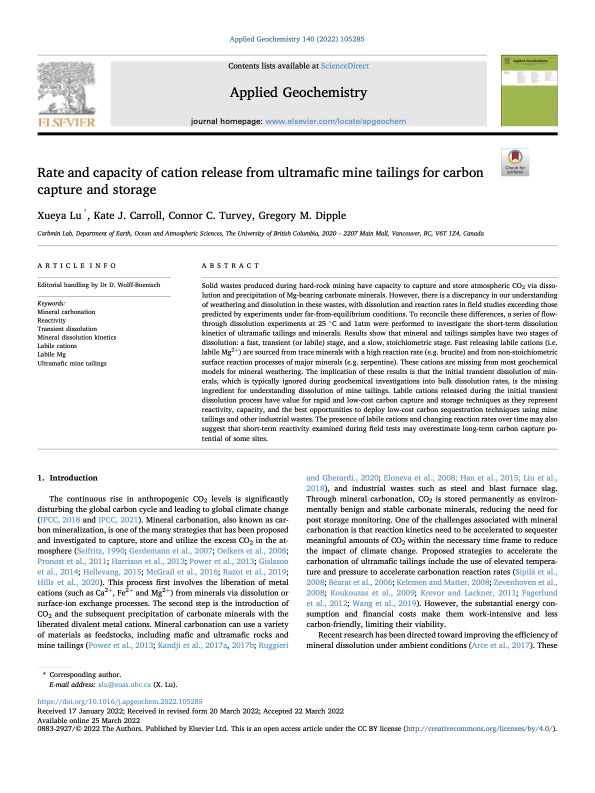 Rate and capacity of cation release from ultramafic mine tailings for carbon capture and storage
